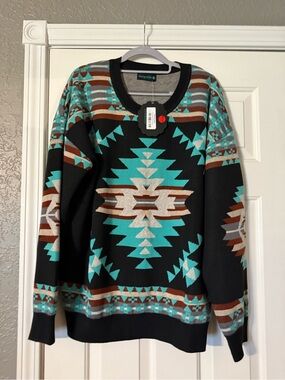 Crewneck Sweater in Turquoise & Black with Aztec Pattern- NWT- Super soft